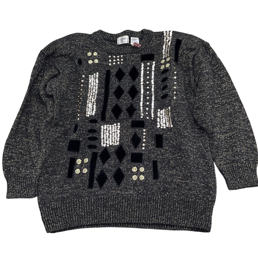 Bonnie and Bill by Holly Sweater‎ Women Small Black Gold Embellish 80s VTG